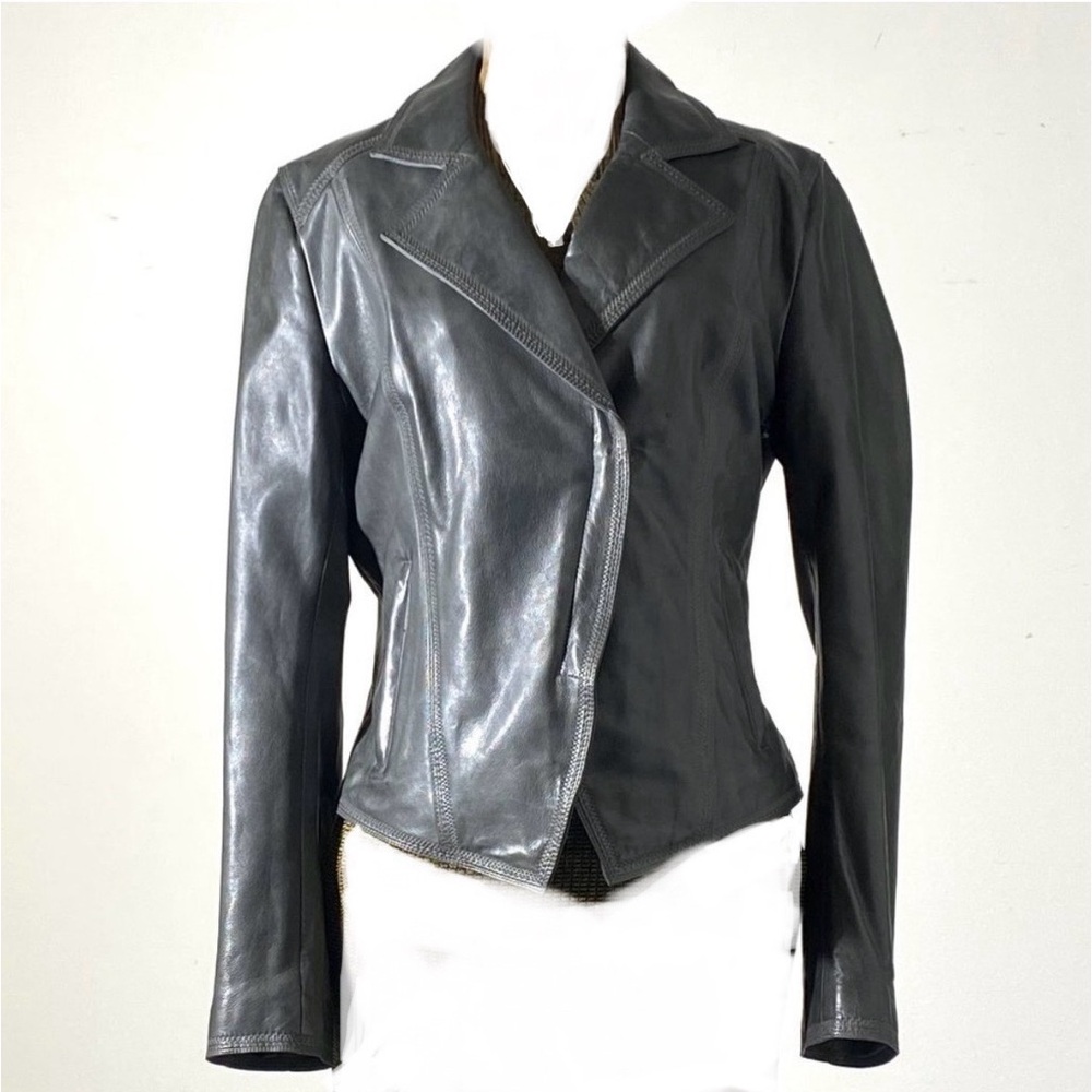 Elie Tahari Women's Gray Leather Jacket with Gunmetal Zippers, Medium